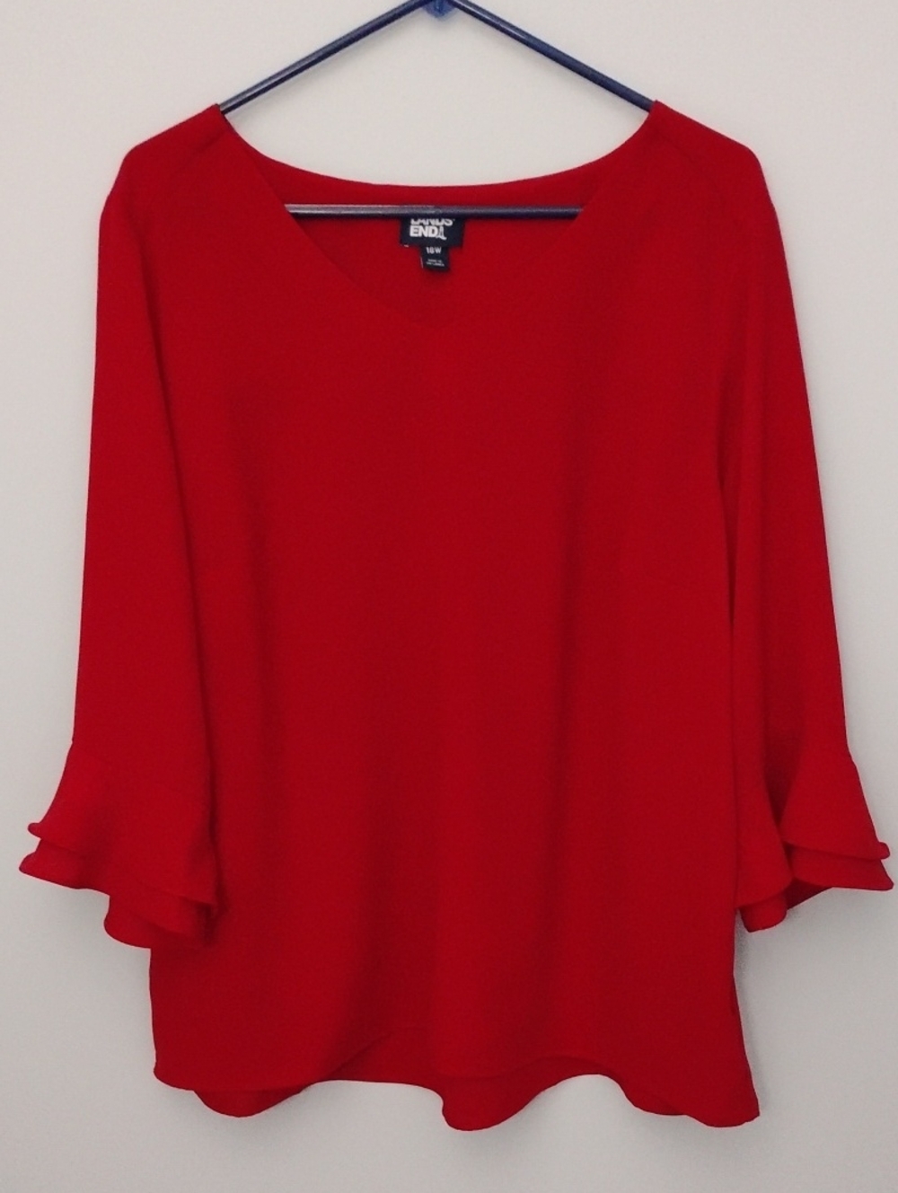 Lands' End Red Ruffle 3/4 Sleeve Elegant Flowy Blouse V-Neck Like New 18W